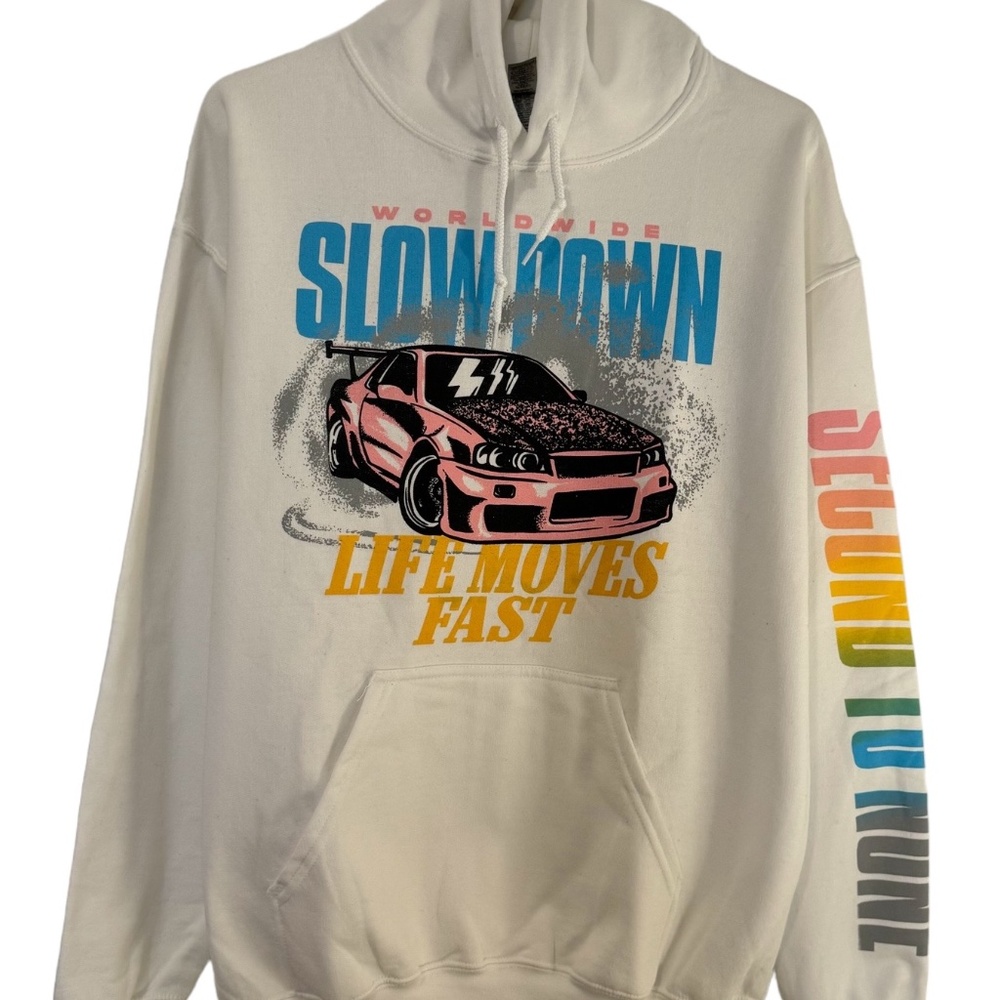 Rue21 Hoodie White Design Worlwide Slow Down Cotton Fleece Unisex Sweatshirt